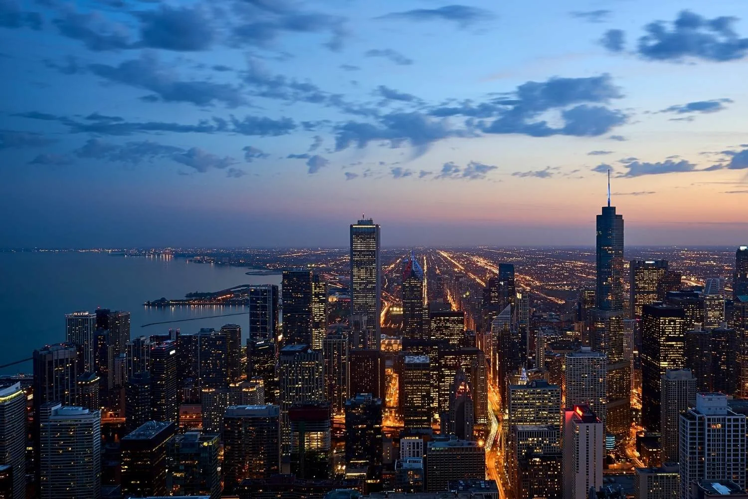 Chicago skyline at dusk, looking south over the lakefront